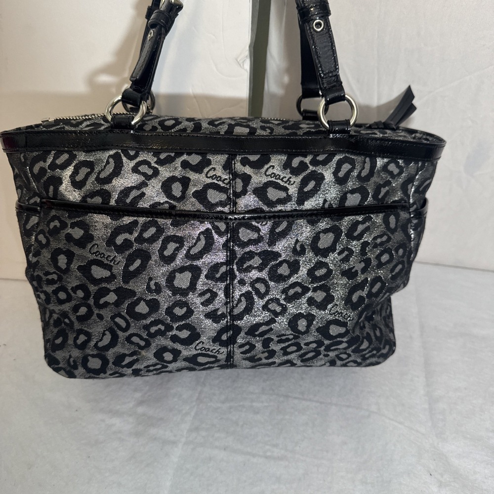 Coach Metallic Ocelot Leopard Animal Print Silver Black Satchel Vintage 14289 - Picture 3 of 13